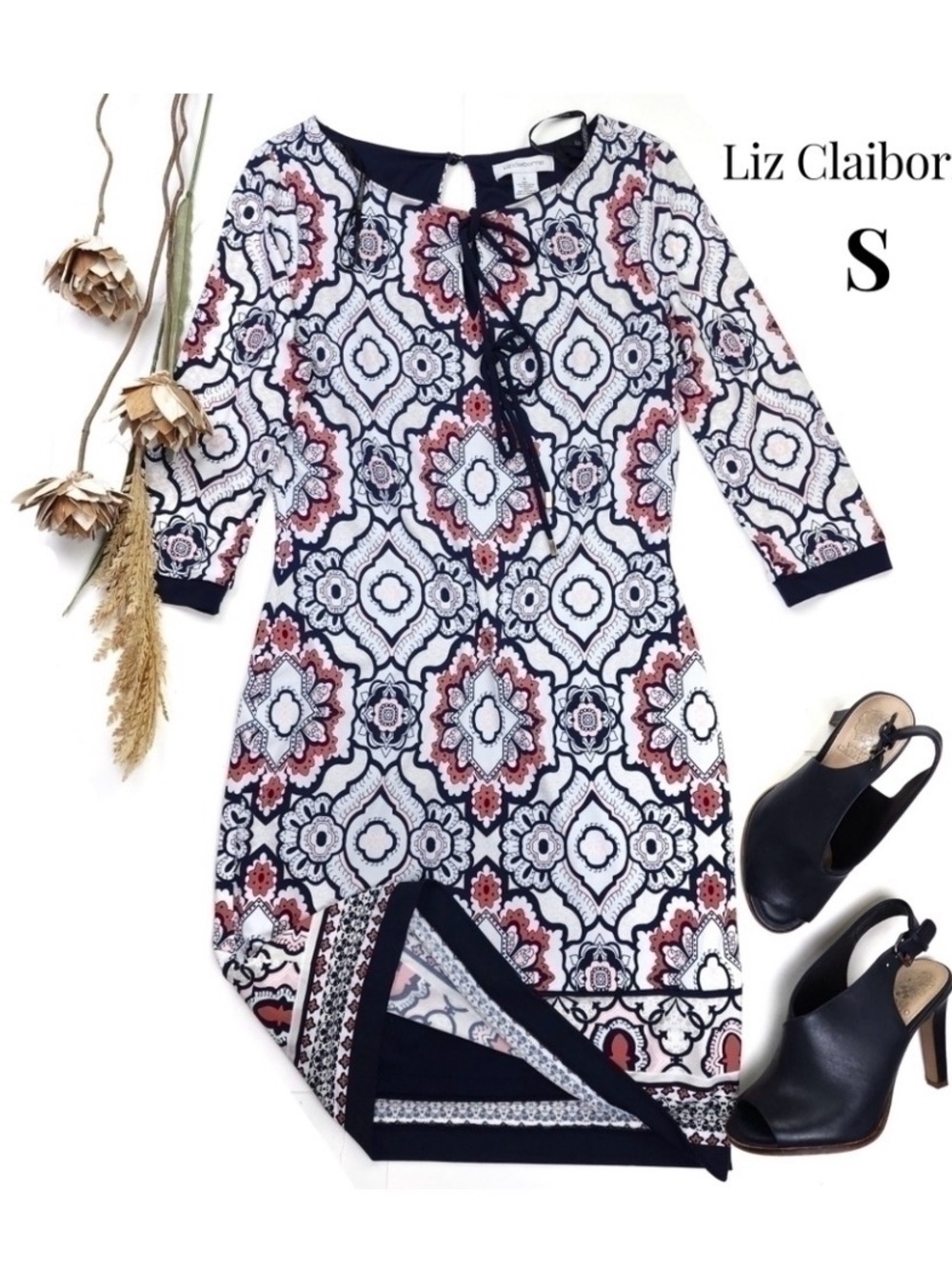 Liz Claiborne Blue White Coral Geodesic Print Dress Sz S